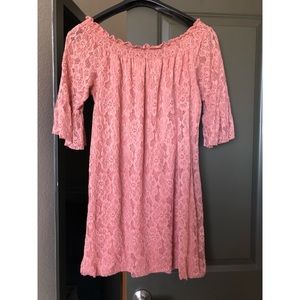 Blush Off the Shoulder Bell Sleeved Lace Dress